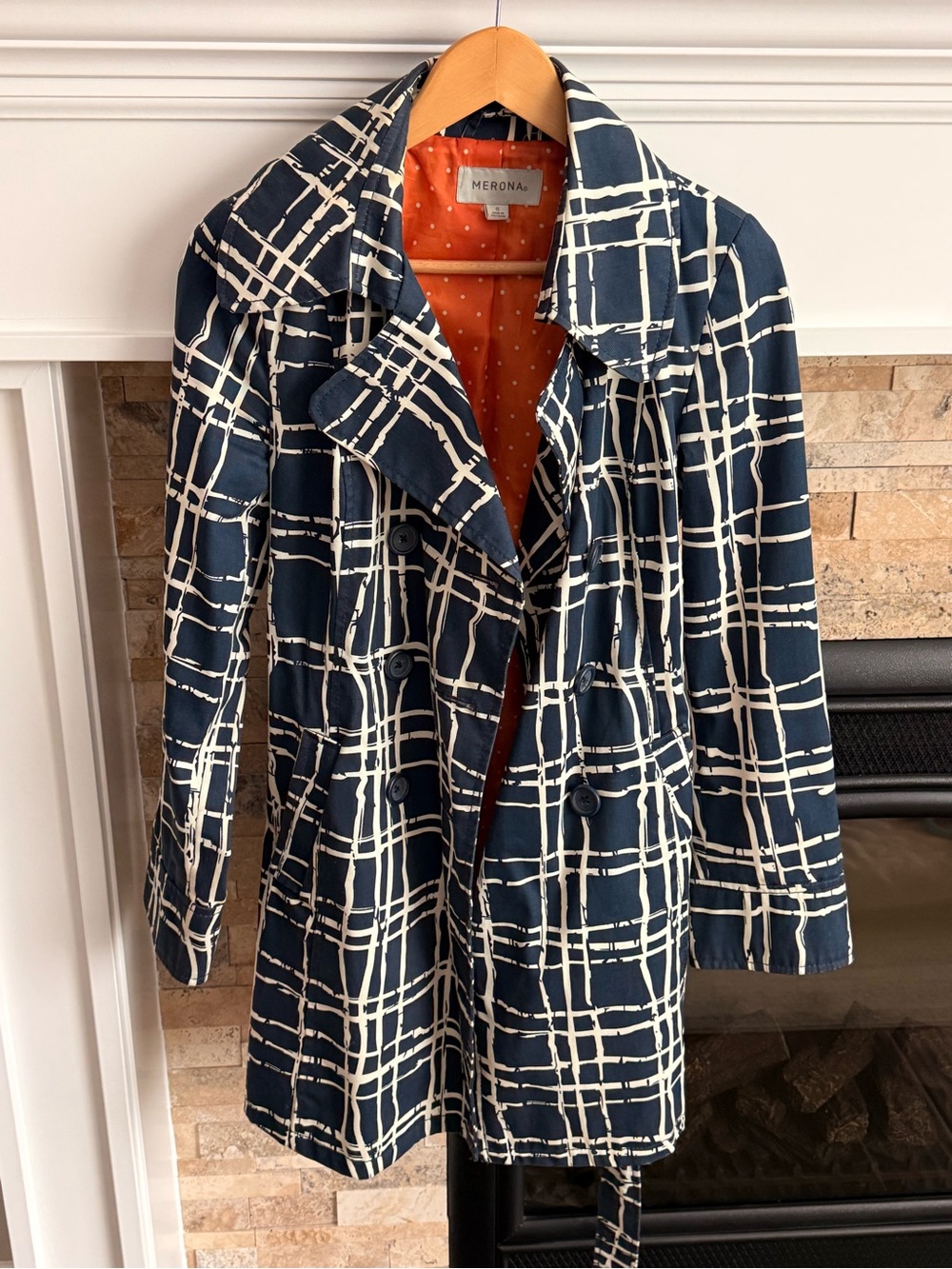 Merona Navy with White Grid Print Trench Coat